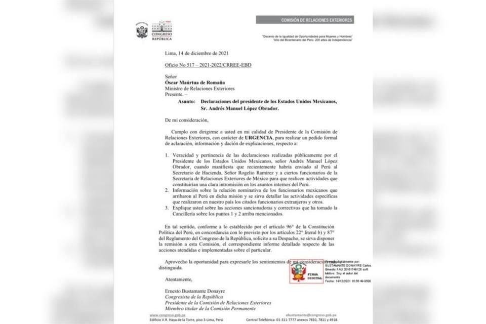 Documento enviado al Canciller de Perú solicitando una explicación por las declaraciones del Presidente López Obrador.