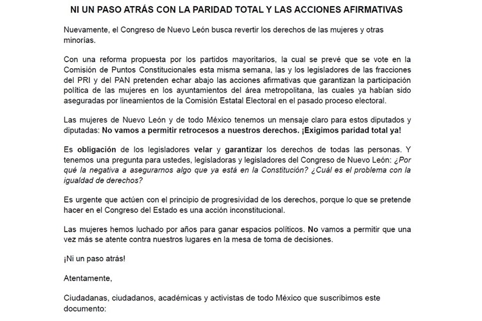 La carta fue firmada por más de 430 mujeres y organizaciones.