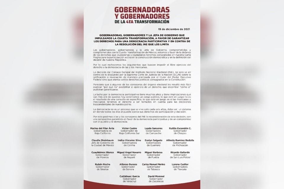 Gobernadores de Morena presionaron al INE con una oficio.