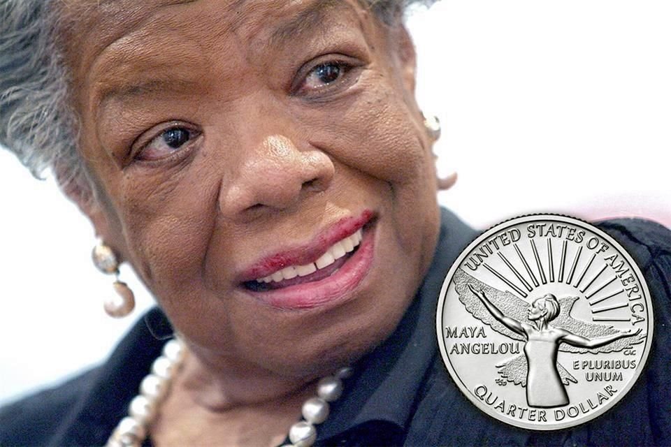 La poeta y activista Maya Angelou (1928-2014) y la moneda con su efigie.