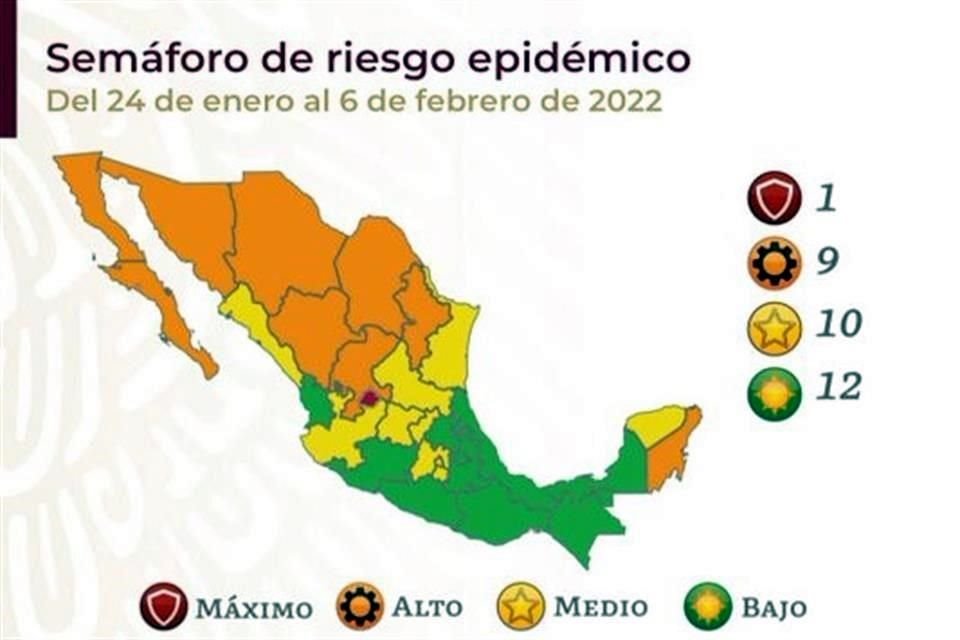 En actualización de semáforo epidémico, Aguascalientes retrocedió a rojo, nueve estados están en naranja, entre ellos NL, y 10 en amarrillo.