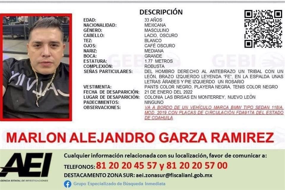 La Fiscalía General emitió el reporte de búsqueda de Marlon Alejandro Garza, quien es comerciante de autos