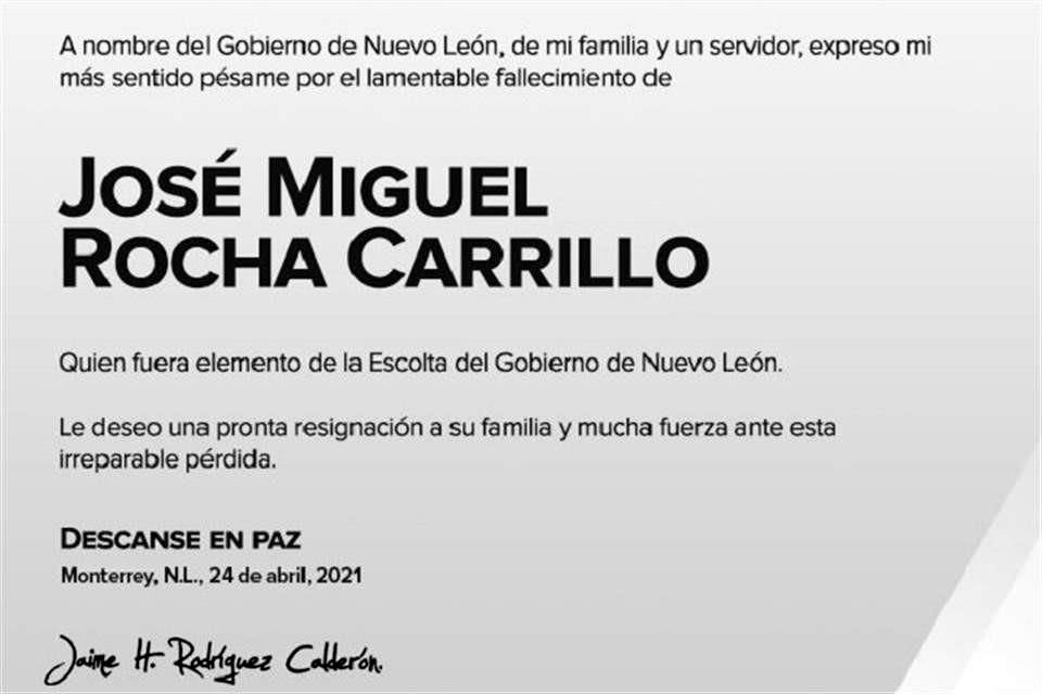 El Mandatario estatal expresó sus condolencias por el fallecimiento del escolta, quien prestó sus servicios en la Administración estatal.