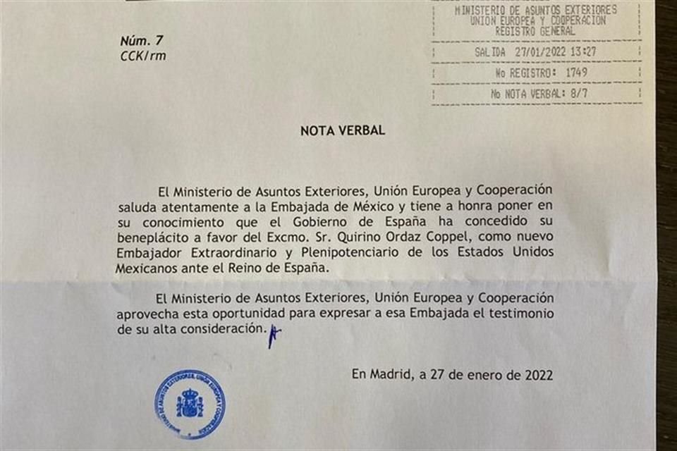 Mediante un tuit, el Canciller Marcelo Ebrard dio a conocer el aval y la carta del Ministerio de Asuntos Exteriores, Unión Europea y Cooperación de España.