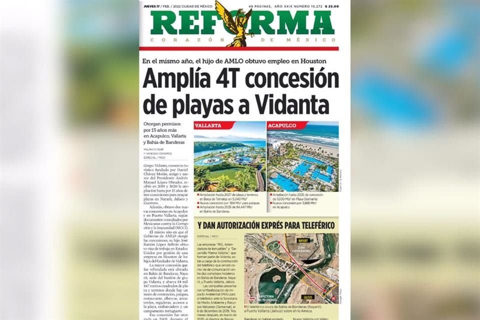 REFORMA publicó hoy que Grupo Vidanta, consorcio fundado por amigo y asesor de AMLO, recibió la ampliación hasta por 15 años de tres concesiones para ocupar playas.