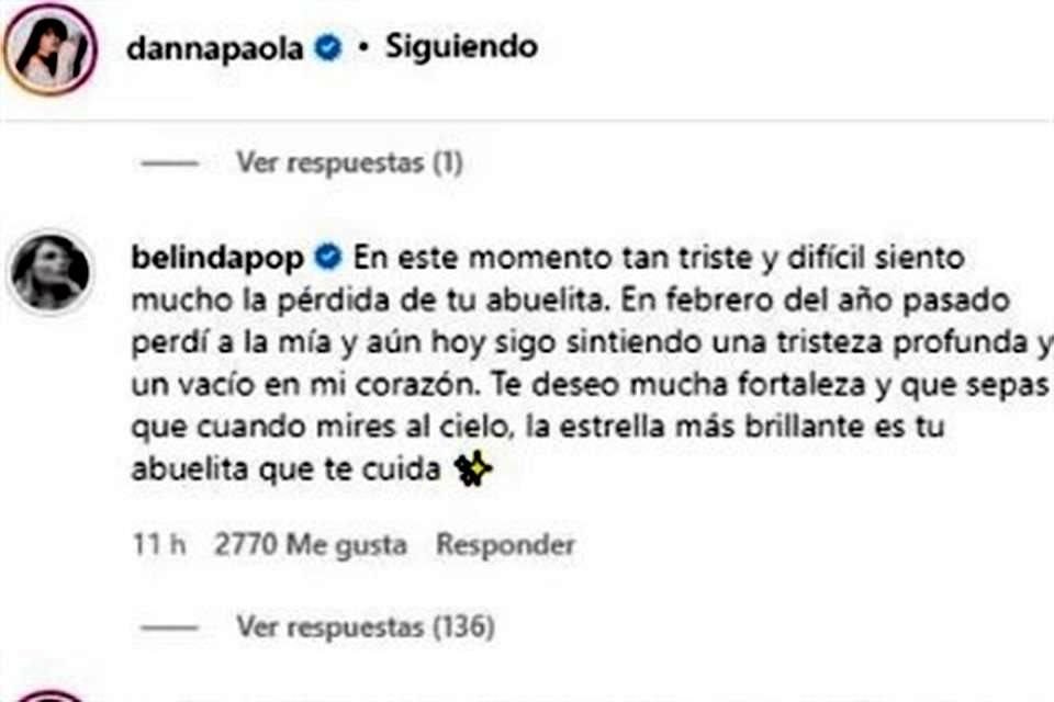 Belinda escribió condolencias a Danna Paola.