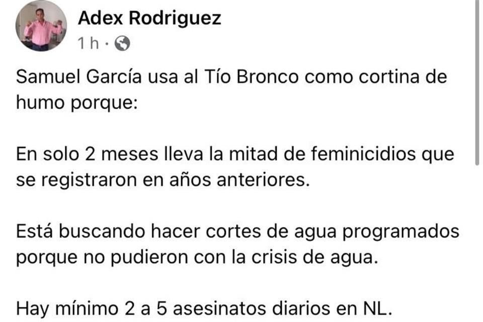 La detención del ex Gobernador Jaime Rodríguez es una cortina de humo del actual Gobierno, señaló hoy el hermano del 'Bronco', Adex Rodríguez.