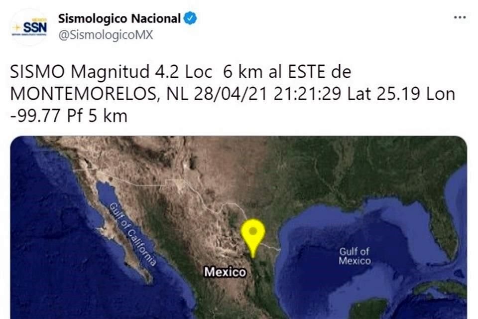 El sismo se reportó a las 21:21 horas a 6 kilómetros al este de Montemorelos.