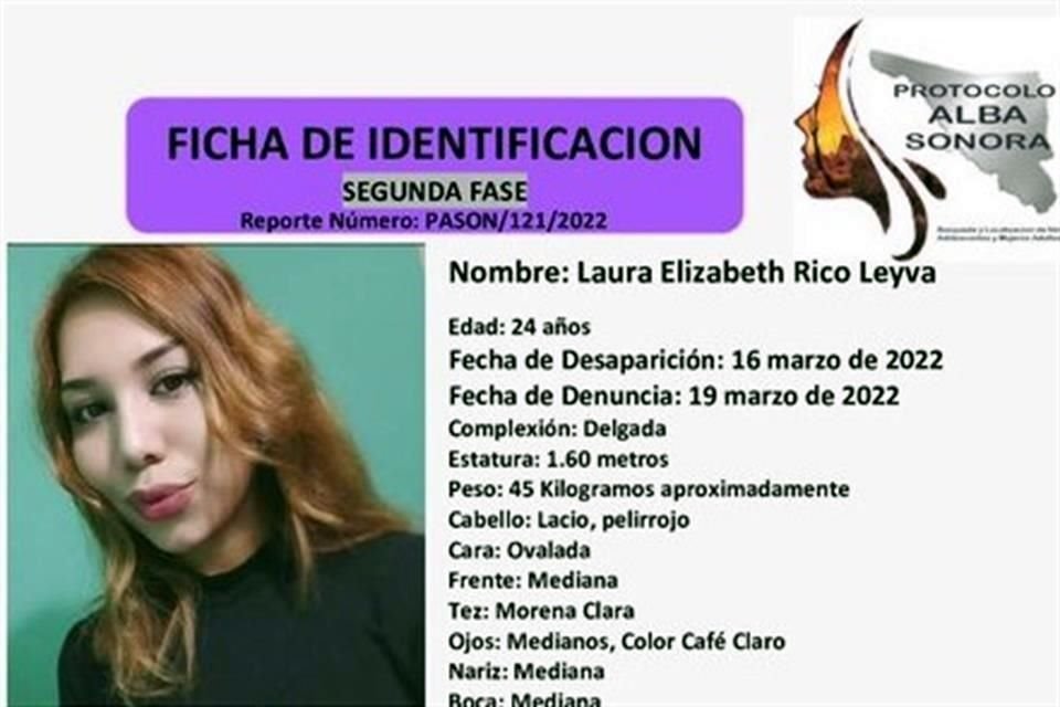 La ficha de búsqueda de Laura Rico emitida por la Fiscalía sonorense.