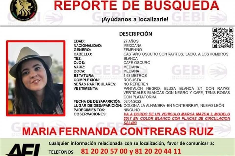María Fernanda desapareció desde la noche del domingo cuando regresaba a su casa en su auto Mazda 3.