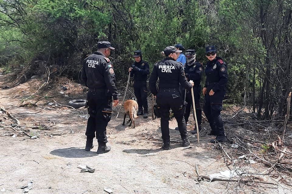 Policías de Fuerza Civil y voluntarios recorrieron ayer terrenos baldíos cercanos al Motel Nueva Castilla, en Escobedo.