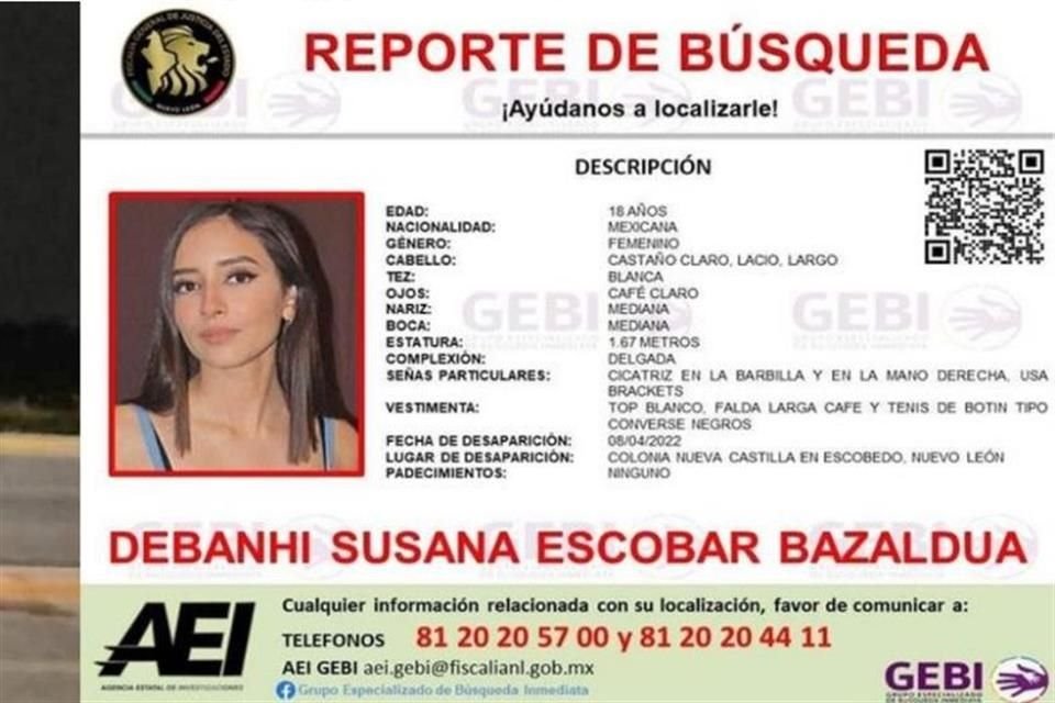 La Fiscalía de Sonora emitió un reporte de búsqueda de la joven Debanhi Escobar, quien desapareció el pasado 9 de abril en Monterrey.