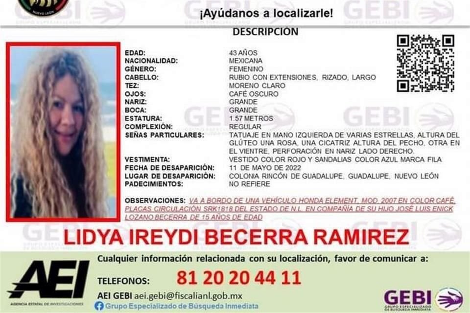 El GEBI emitió alertas de búsqueda para Lidya Ireydi Becerra Ramírez, de 43 años, y sus hijos Kinnereth Ireydi, de 26, y José Luis Enick Lozano Becerra, de 15.