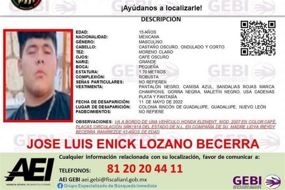 El GEBI emitió alertas de búsqueda para Lidya Ireydi Becerra Ramírez, de 43 años, y sus hijos Kinnereth Ireydi, de 26, y José Luis Enick Lozano Becerra, de 15.