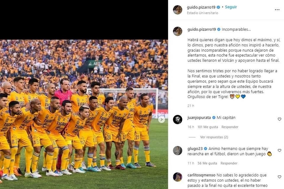 Guido Pizarro dijo que la afición inspiró a Tigres a casi concretar el milagro.