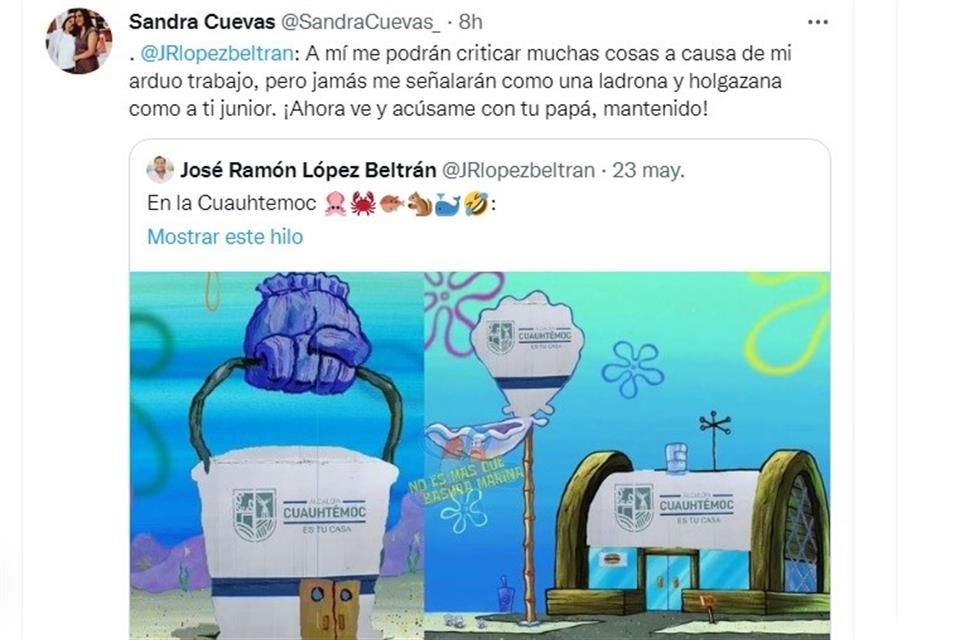 López Beltrán colocó una imagen de Bob Esponja donde se ven edificaciones con logos de la Cuauhtémoc seguido de emojis burlándose de las acciones de la Administración de Sandra Cuevas.