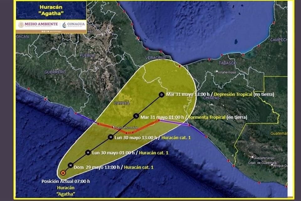 De acuerdo con los pronósticos, 'Agatha' se mantendrá como huracán categoría 1 en las próximas horas.