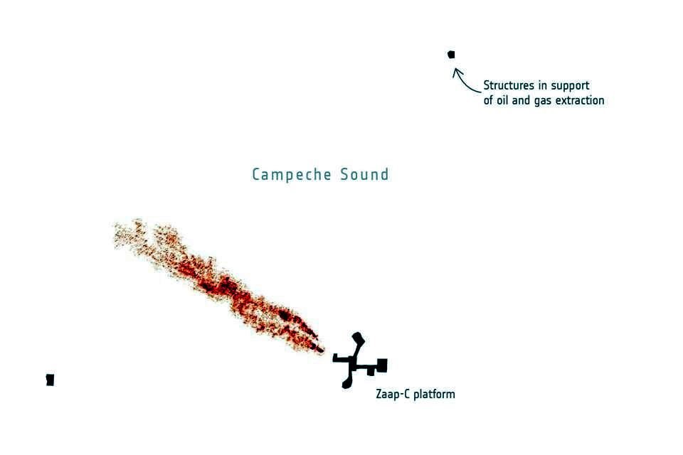 Imagen muestra una columna de metano de una plataforma marina detectada por el satélite WorldView-3 el 18 de diciembre de 2021.