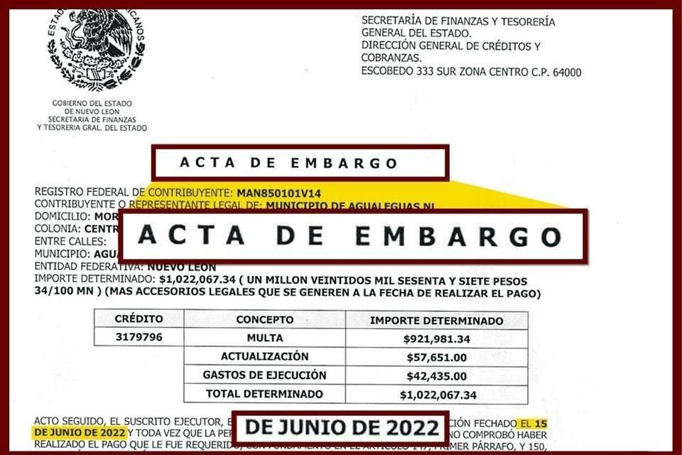 Ésta es una de las notificaciones de embargo contra Agualeguas, uno de los municipios panistas requeridos.