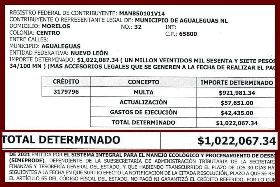 Ésta es una de las notificaciones de embargo contra Agualeguas, uno de los municipios panistas requeridos.