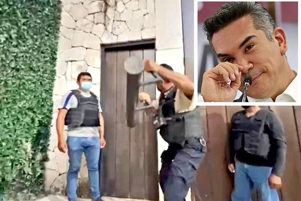 Agentes de la Fiscalía de Campeche usaron ayer un ariete para derribar la puerta y realizar un cateo en la residencia del presidente nacional del PRI, Alejandro Moreno (recuadro).