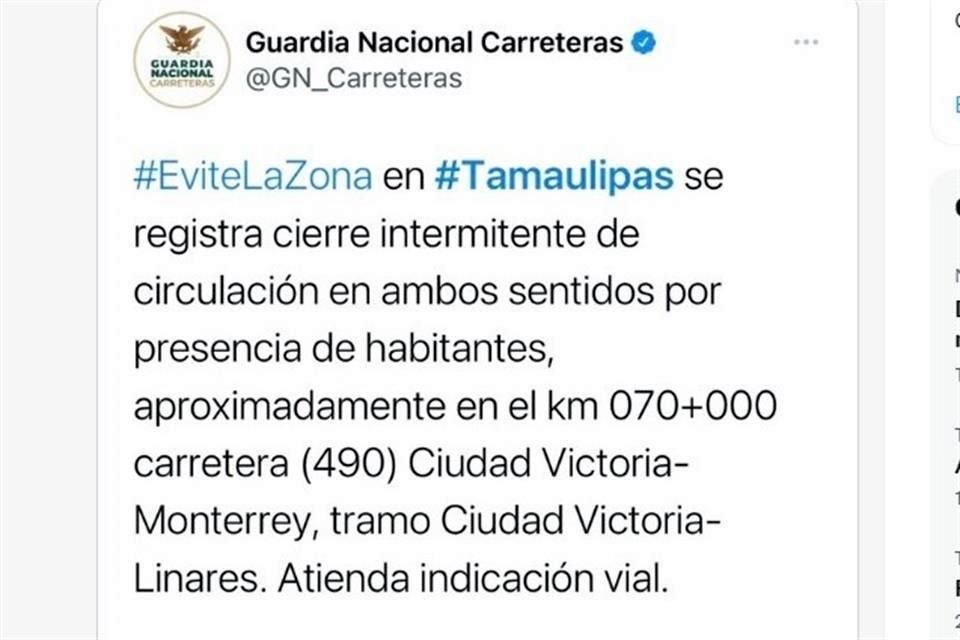 La Guardia Nacional Carretera alertó de los bloqueos mediante un tuit.