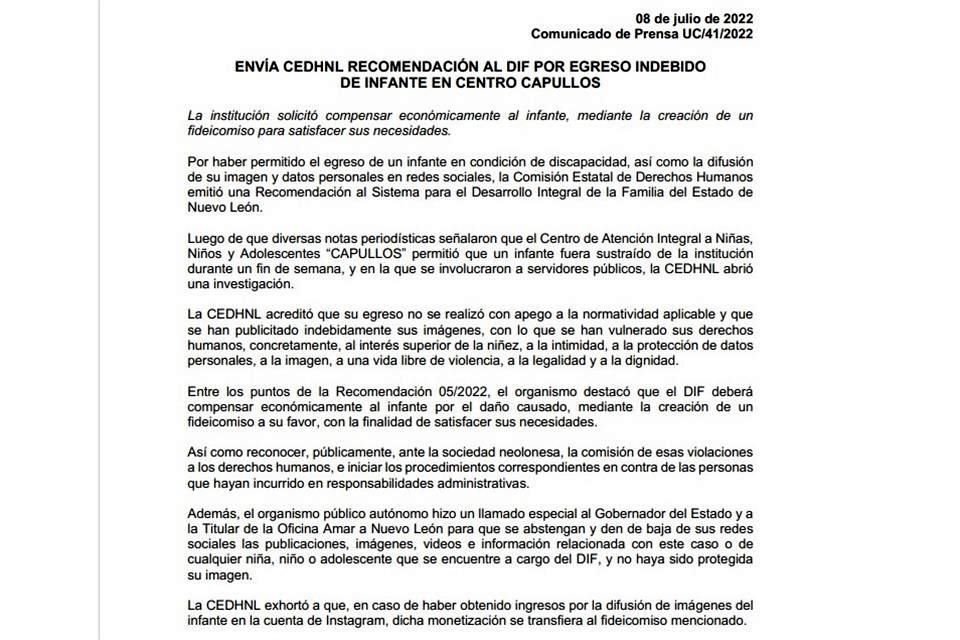Recomendó tanto al Mandatario como a su esposa Mariana Rodríguez, titular de Amar a Nuevo León, retirar de sus redes sociales las imágenes del menor y de otros que están bajo el resguardo del DIF.