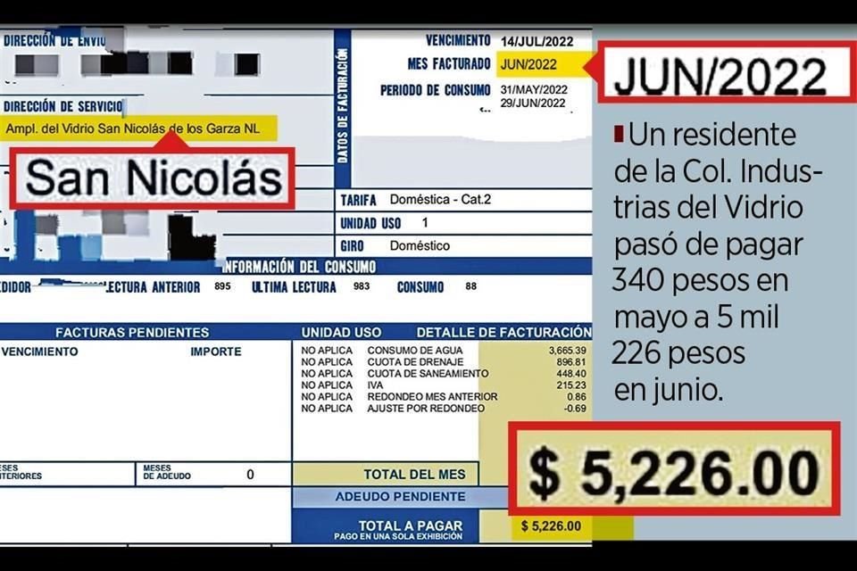 Un residente de la Col. Industrias del Vidrio pasó de pagar 340 pesos en mayo a 5 mil 226 pesos en junio.