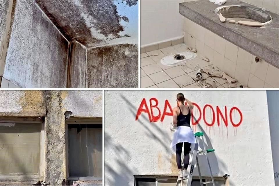 Mariana Rodríguez escribió con pintura roja la palabra 'Abandono' en una de las paredes.