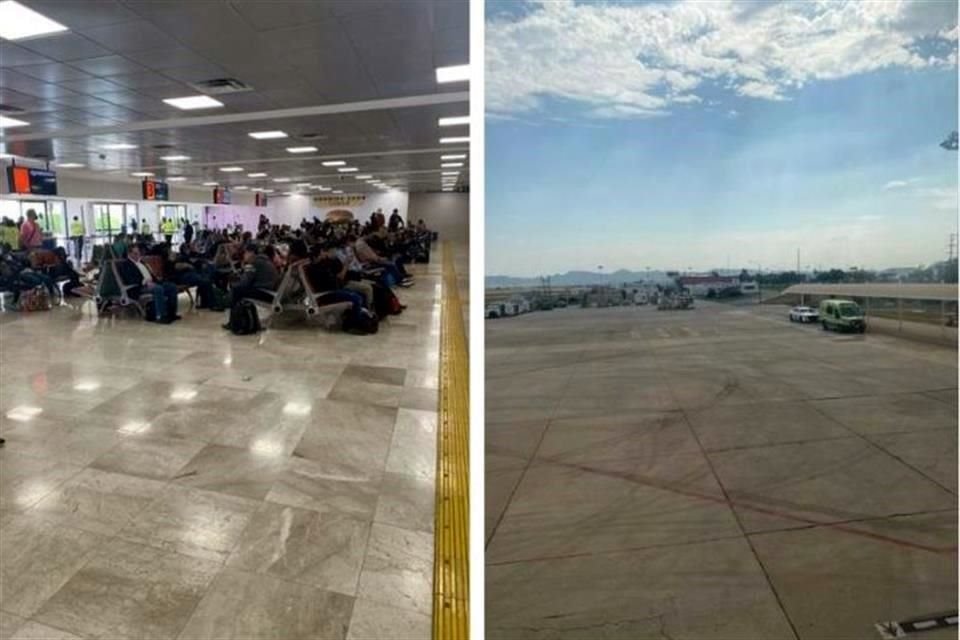 Los pasajeros del vuelo Tijuana-Monterrey están a la espera del aviso de la empresa Viva Aerobus en el Aeropuerto de Hermosillo, Sonora.
