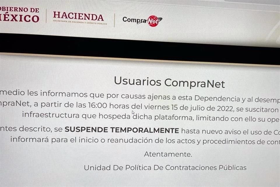 CompraNet, plataforma de SHCP para compras de Gobierno federal, está suspendida por fallas técnicas.