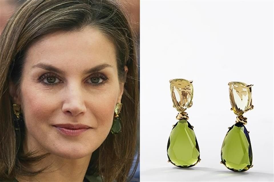 La Reina Letizia utiliza los aretes con incrustaciones verdes de la colección Marquesa.