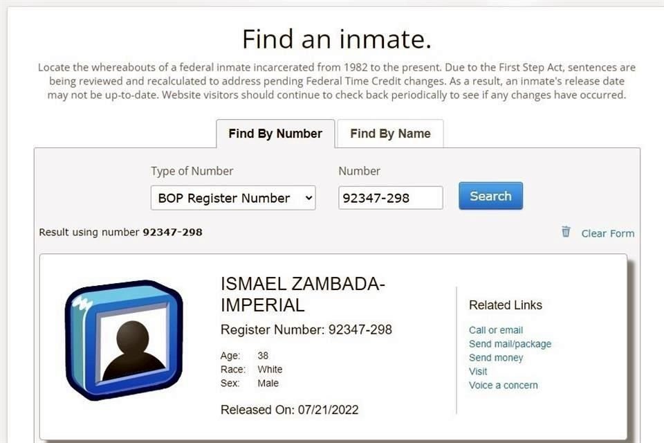 Información de Ismael Zambada Imperial en el portal de Buró Federal de Prisiones de EU.