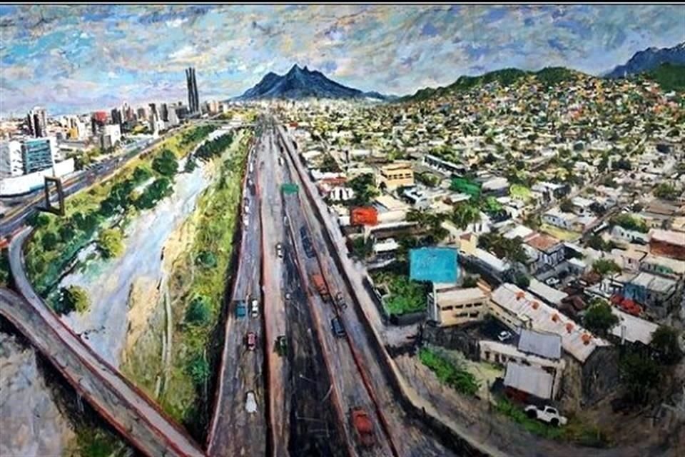 Obra panorámica de Monterrey en óleo sobre tela.