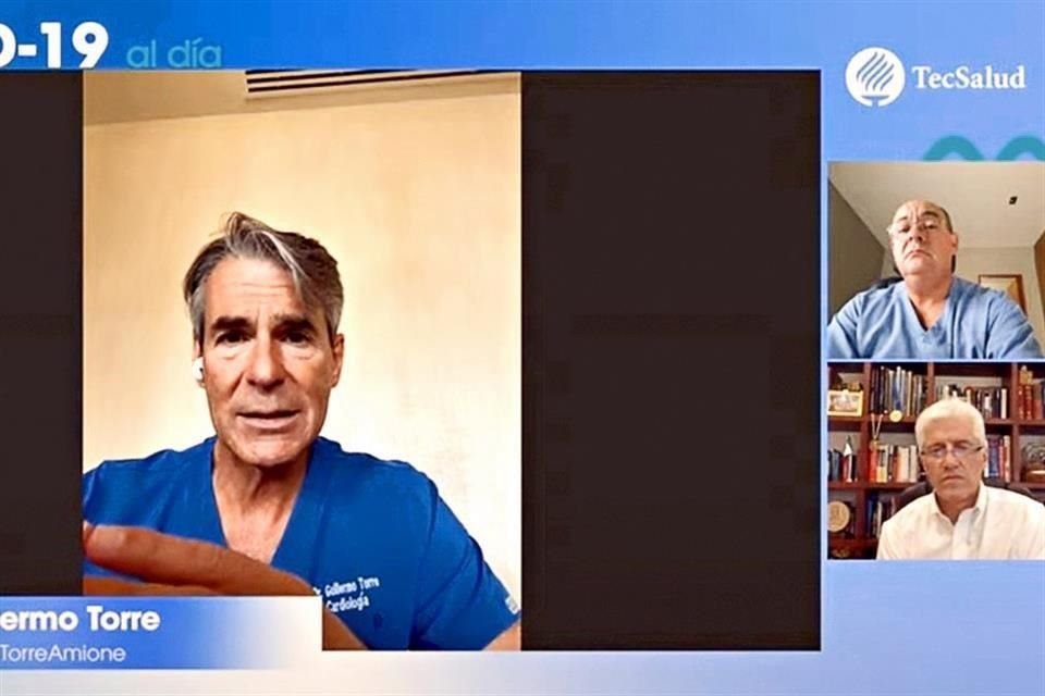 Guillermo Torre (izq.) Francisco Moreno (der. arriba) y Alejandro Macías durante la edición de ayer de 'Covid-19 al día', que presenta TecSalud.