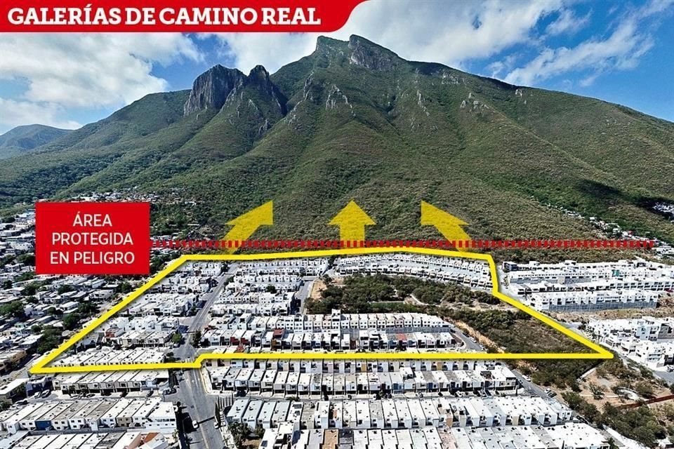 La Comisión Nacional de Áreas Naturales Protegidas alertó de los riesgos si el fraccionamiento Galerías avanza en el cerro (flechas).