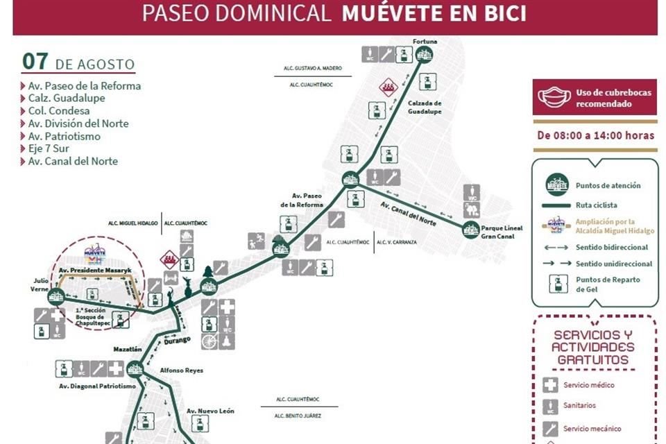 El paseo dominical de Muévete en Bici se extenderá hacia calles de la Alcaldía Miguel Hidalgo a partir de este domingo 7 de agosto, de 9:30 a 13:30 horas.