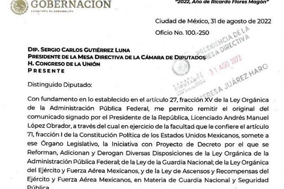 La Cámara de Diputados recibió iniciativa del Ejecutivo federal sobre reforma en la Guardia Nacional, la cual será discutida el viernes.