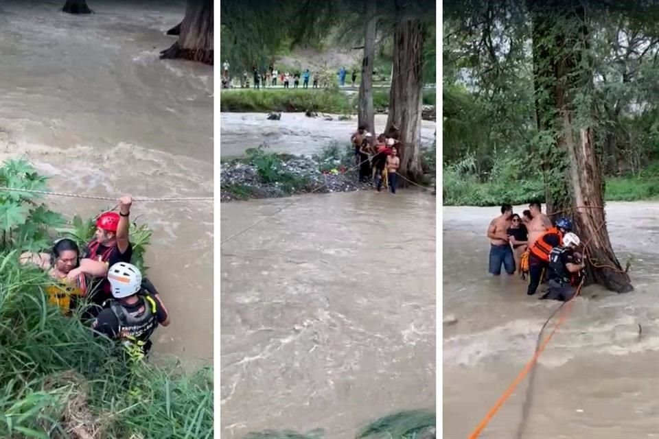 Elementos de auxilio rescatan a 10 personas, entre ellas dos menores, quienes quedaron atrapados en el cauce del Río La Silla, en Guadalupe.