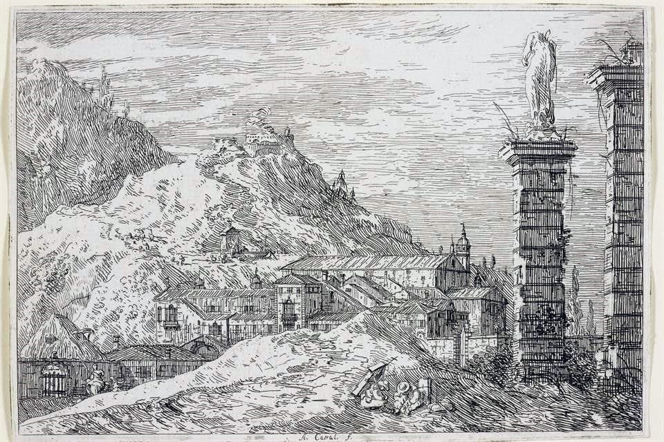 'Paisaje alpino con iglesia, casas y dos pilares', del pintor italiano Canaletto, que forma parte de la Colección Real, propiedad de Isabel II.