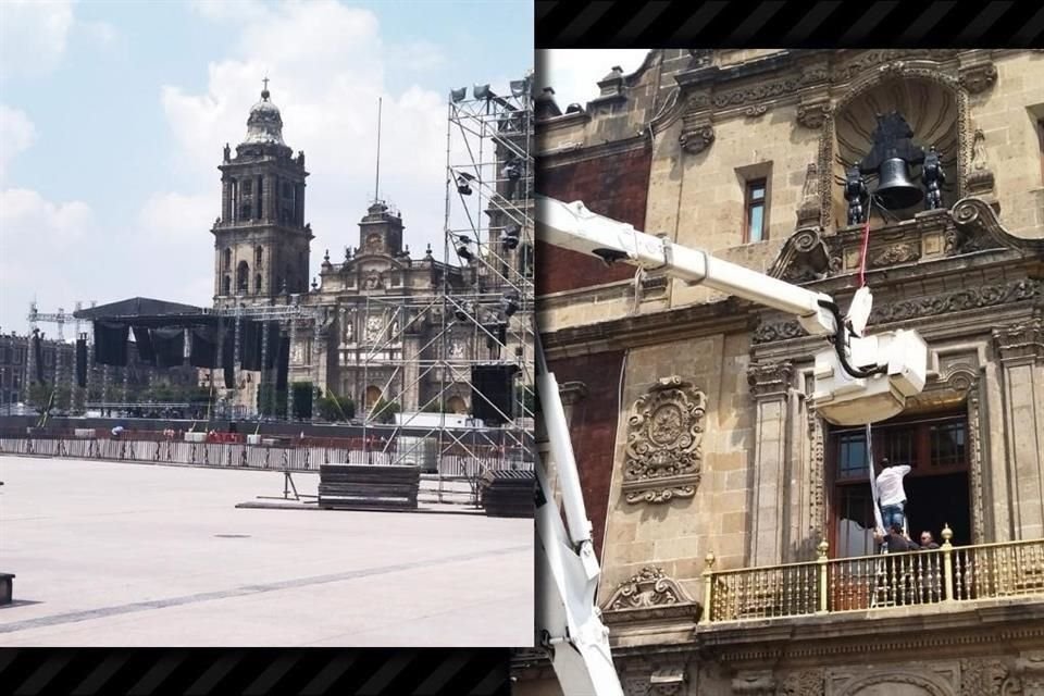 Trabajadores laboran en el Balcón Presidencial de Palacio Nacional y en la instalación de templetes.