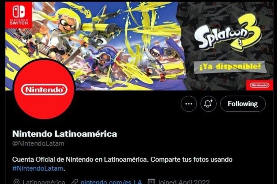 Así luce la cuenta oficial de Nitendo en Twitter para América Latina.