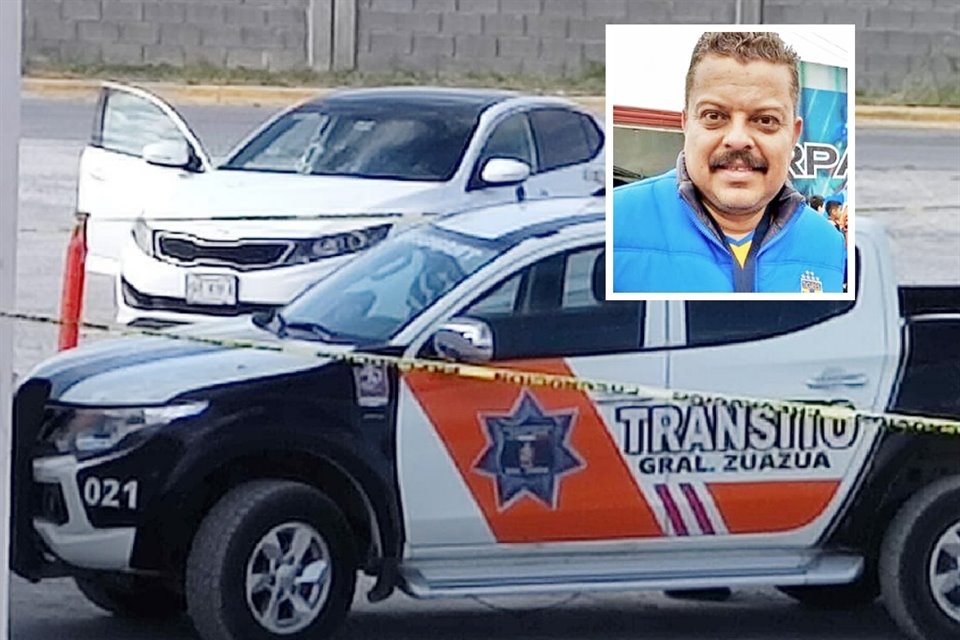 El director de Tránsito (recuadro) murió adentro de su auto (Kia blanco), que quedó afuera de una clínica de Zuazua a dónde fue llevado para su atención.