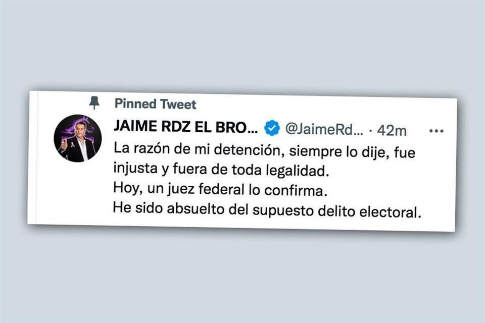 Jaime Rodríguez informó en un tuit sobre su absolución. Aún enfrenta acusación en el caso de Ecovía.