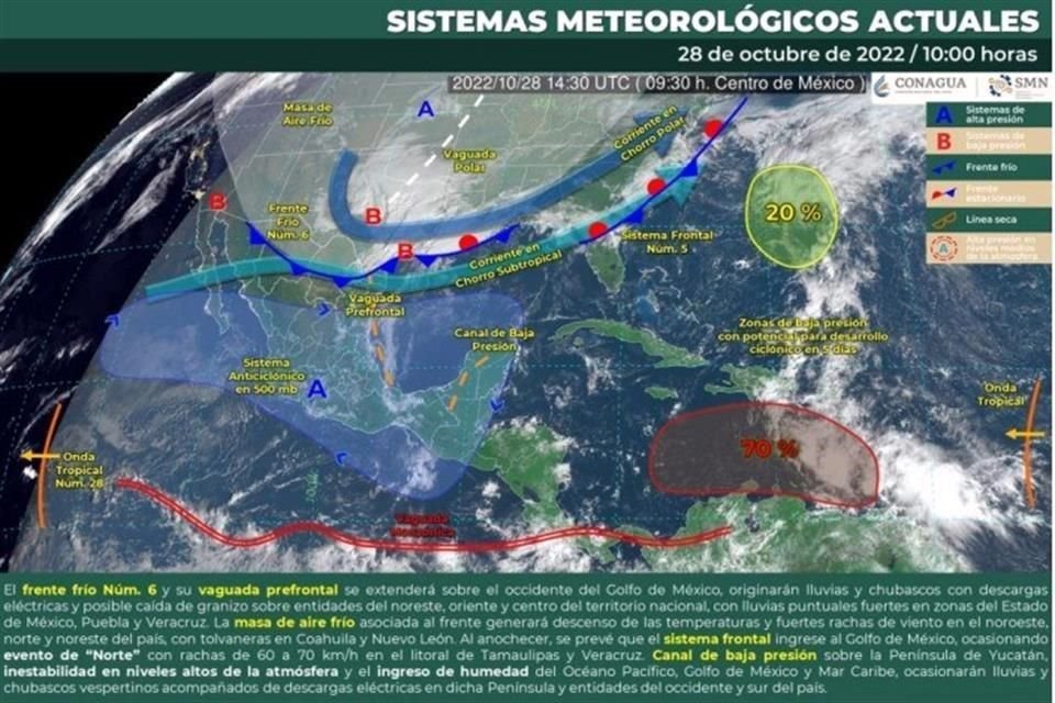 De acuerdo con el pronostico de la Conagua, se espera que el lunes el frente frío interactúe con una inestabilidad atmosférica superior, favoreciendo un incremento en el potencial de lluvia.