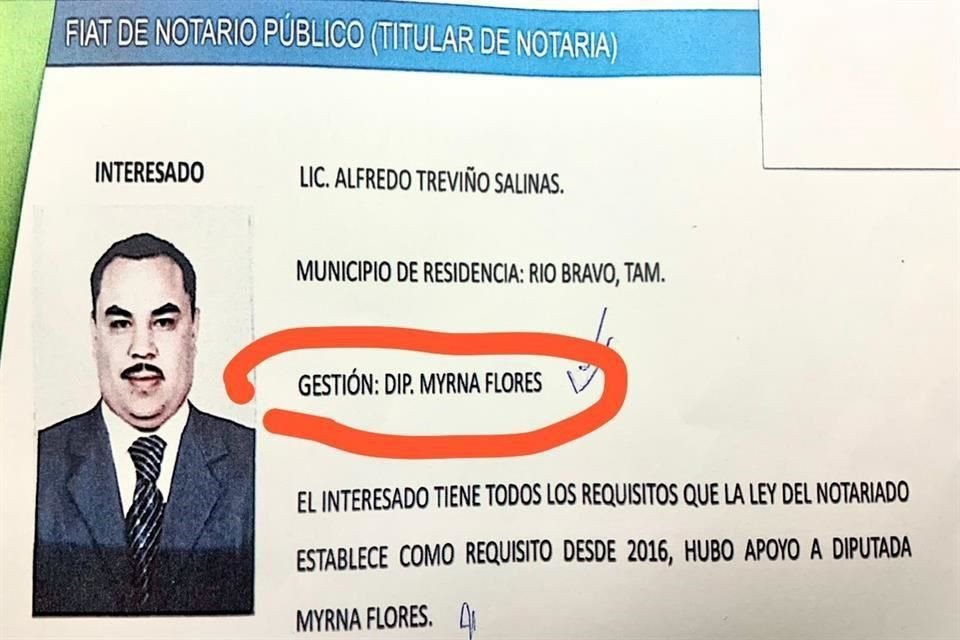 Francisco García Cabeza de Vaca otorgó una notaría a Alfredo Treviño Salinas al finalizar su gestión, con apoyo de la Diputada del PAN, Myrna Flores, según el Estado.