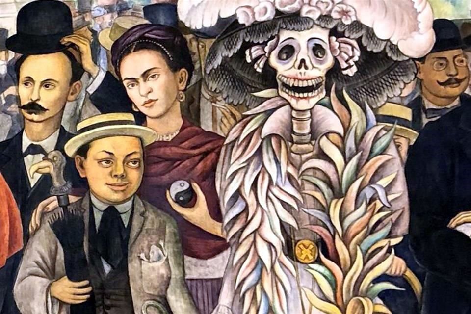 Detalle del mural 'Sueño en una tarde dominical en la Alameda', donde aparecen Diego Rivera niño, Frida Kahlo y el personaje bautizado como La Catrina.