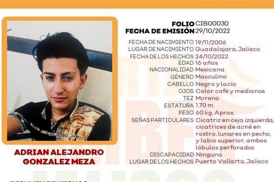 Adrián Alejandro González Meza, de 16 años, fue visto por última vez en Puerto Vallarta.