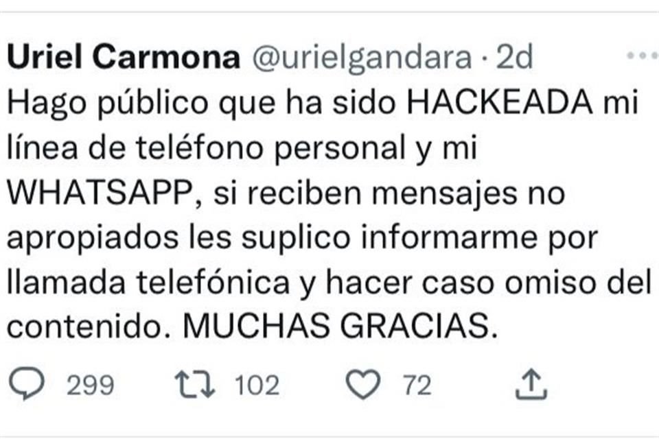 Una hora y media después, el Fiscal de Morelos, Uriel Carmona, dijo que hackearon su teléfono.