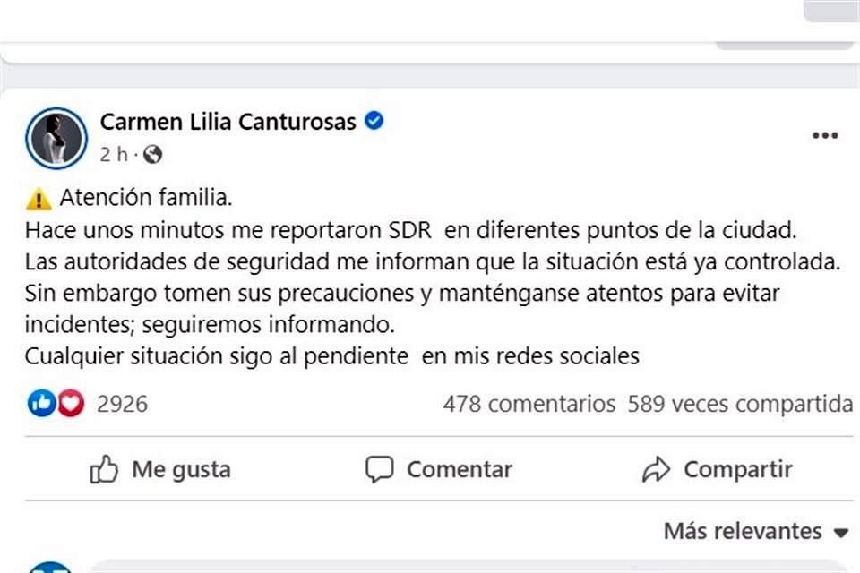 La Alcaldesa de Nuevo Laredo advirtió hoy a través de su cuenta de Facebook sobre situaciones de riesgo en el municipio.